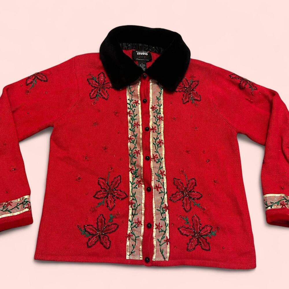 Red floral button up sweater